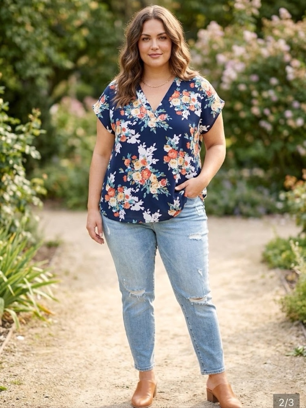Women’s Navy Floral V-Neck Blouse